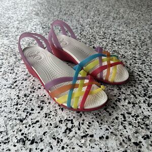Crocs Isabella Huarache Mini Wedge Sandals Womens 7 Strappy Jelly Multi Color